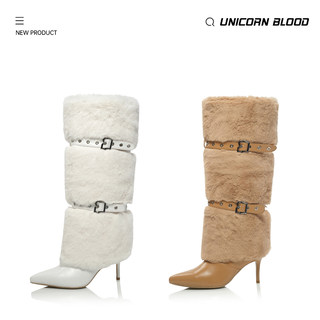 UnicornBlood圣诞战靴！皮带扣绒毛马油皮尖头时装靴套筒新款女靴