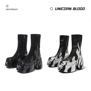 UnicornBlood火焰冲击！厚底黑色漆皮拼接酷飒机能风增高短靴