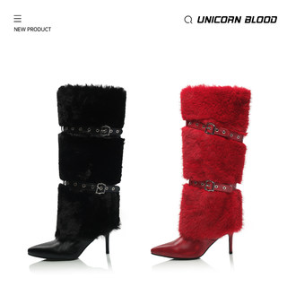 UnicornBlood圣诞战靴！皮带扣绒毛马油皮尖头时装靴套筒新款女靴