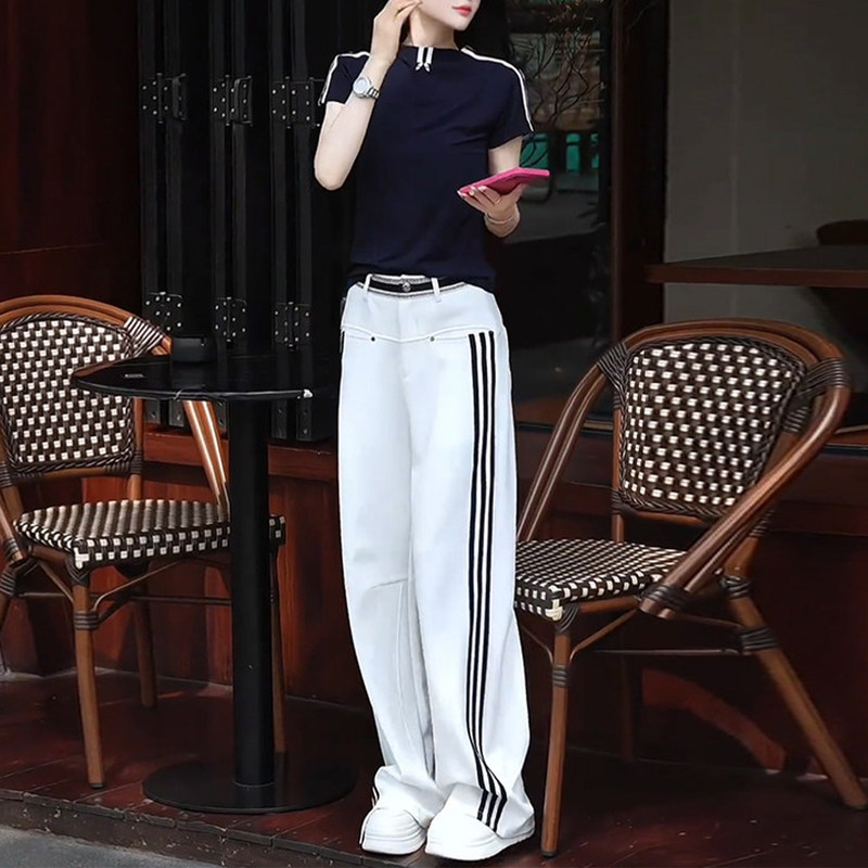 Lily Most Sports Casual Striped Suit for Women, New Summer Style, Contrasting Color Slim-Fit T-Shirt and Wide-Leg Pants Two-Piece Set, Trendy