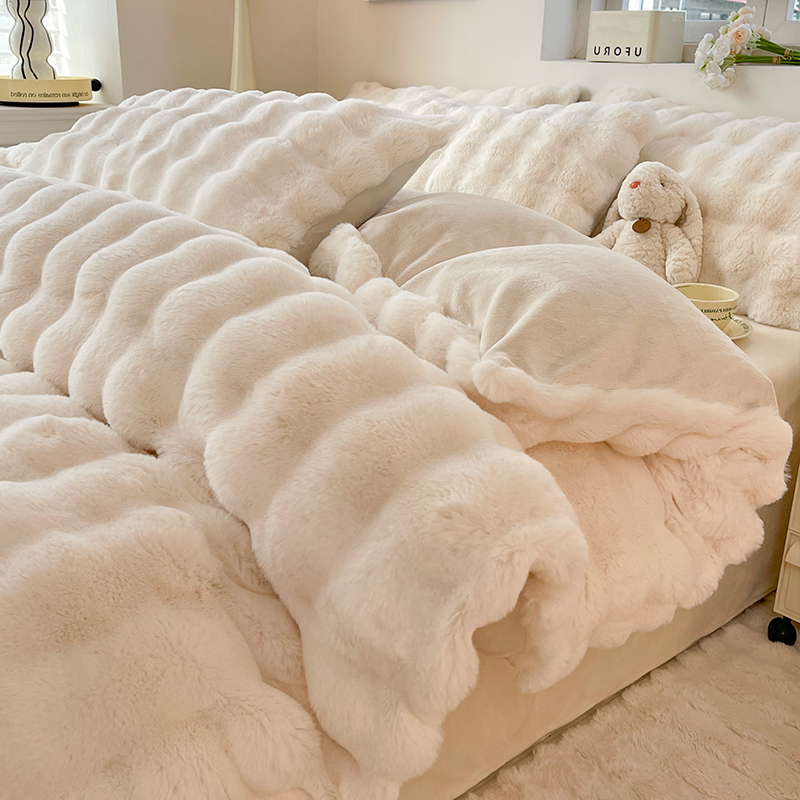 Rabbit plush four sets autumn winter new double-sided thickened milk Coral Suede Bed cover bed Bedding Bedding-Taobao