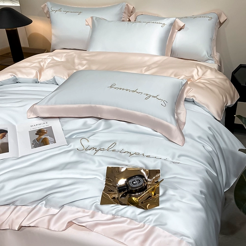 Шелковистый комплект, шелковая простыня, пододеяльник, покрывало, легкий роскошный стиль, изысканный стиль, 4 предмета