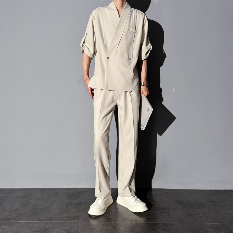 Laid's Matching Summer Casual Suit Set for Men, Five-Quarter Sleeve Suit, High-End, Stylish, Thin Two-Piece Set