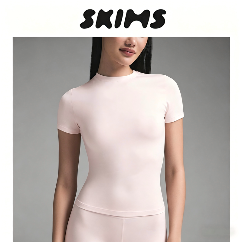 Official Authentic Skims Short-Sleeve Kardashian Cotton Jersey Shapewear Slim-Fit Plain Cotton T-Shirt Top