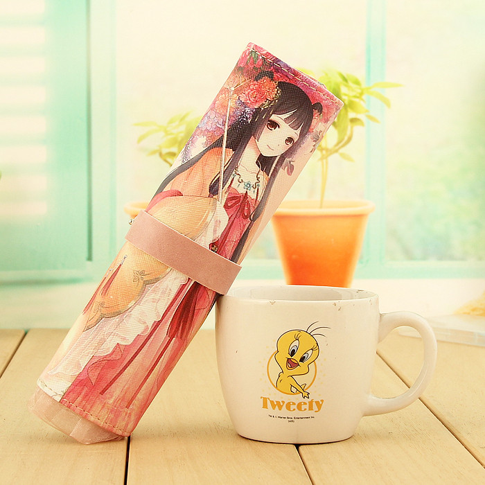 Meat Powder And Moon Balladfree shipping Miracle warm originality Cartoon Rolling curtain Pencil case PU leather Fabric Women's money School Supplies  Pencil bag
