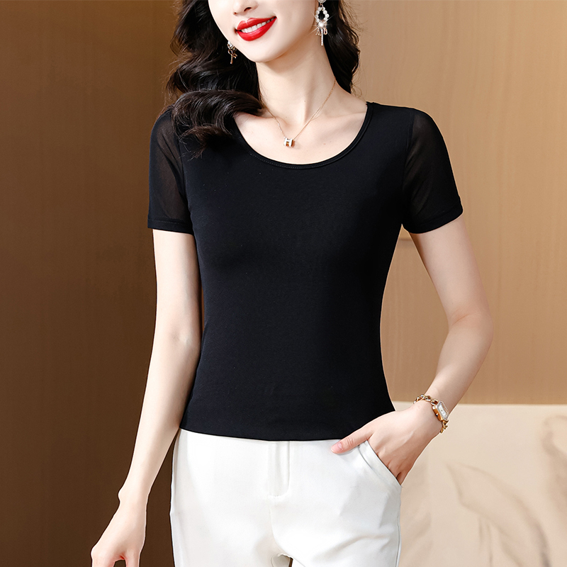 Black Mesh Short-Sleeved T-Shirt for Women, Summer 2026 New Style, Round Neck, Thin Base Shirt, Slim-Fit Half-Sleeve Lace Top