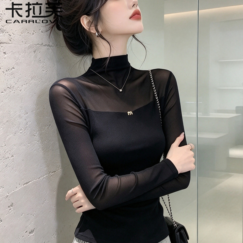 Black Mesh Lace Base Shirt for Women 2026 New Style Layered Inner Wear Long-Sleeve High-End Fashion Trendy Top Thin