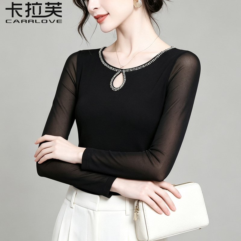 Black Design-Inspired Hollow-Out Long-Sleeve T-Shirt for Women, Double-Layer Mesh Base Shirt, High-End Popular Style, Extremely Beautiful Top Black Design-Inspired Hollow-Out Long-Sleeve T-Shirt for Women, Double-Layer Mesh Base Shirt, High-End Popular Style, Extremely Beautiful Top