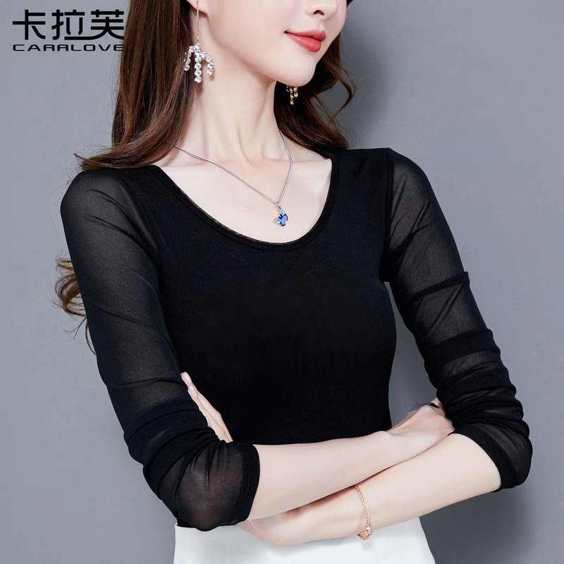 Black Mesh Bottoming Shirt for Women, Long-Sleeved Spring & Fall Inner T-Shirt, Slim Fit Dance Gauze, Western Style Lace Top Black Mesh Bottoming Shirt for Women, Long-Sleeved Spring & Fall Inner T-Shirt, Slim Fit Dance Gauze, Western Style Lace Top
