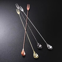 Gold wine with three-fork wine long bar Spoon Day Style 304 Stainless Steel Fine Thread With Fork Long Stirring Spoon Stirring Stick