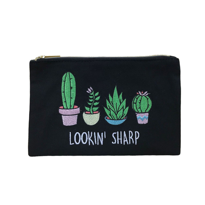 INS F* ever21 original D classic black cactus potted embroidery portable canvas hand hold containing makeup bag