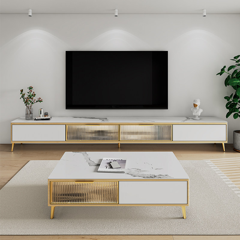 Original Wood Color Light Lavish Rockboard TV Cabinet Tea Table Combo Modern Minima Living-room Cream Wind Solid Wood TV Enclosure