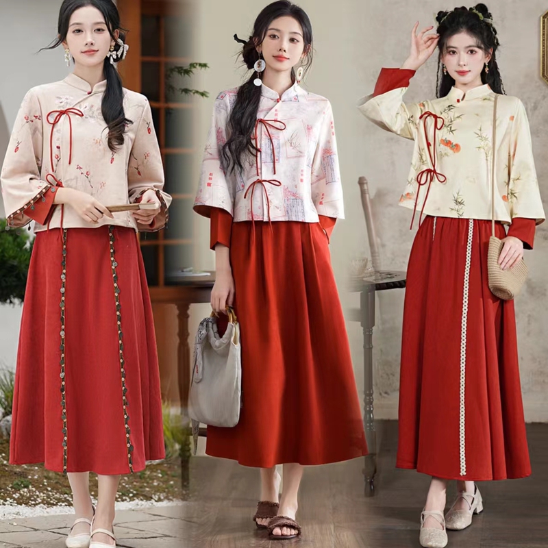 2026 Spring and Autumn Improved Cheongsam Two-Piece Set Young Girl Style Tea Dress Set Hanfu Dress Ancient Costume Versatile