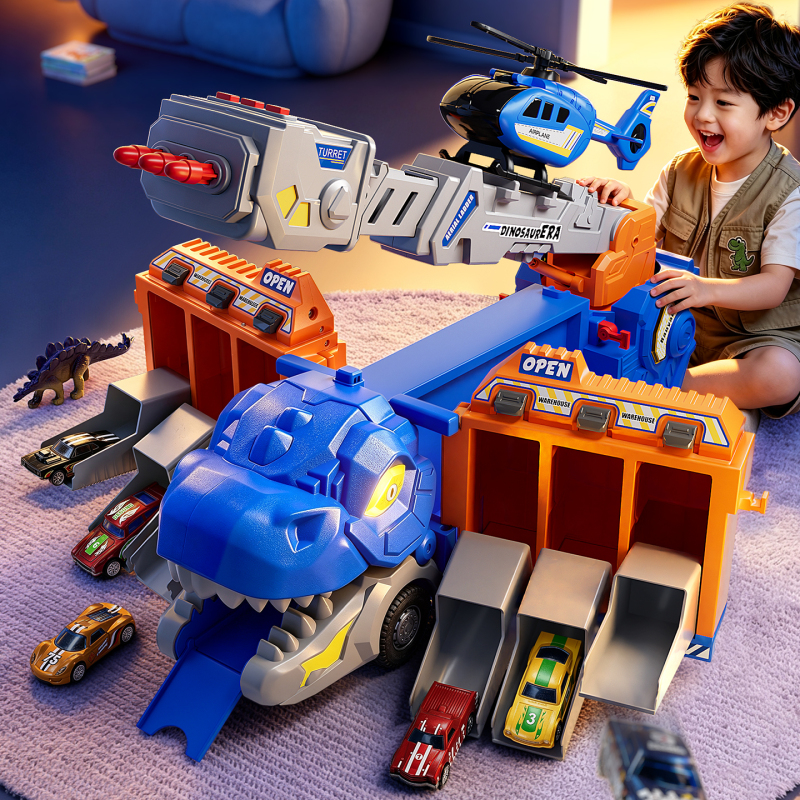Children's Dinosaur Ejection Track Toy Car Large Alloy Transforming Sliding Storage Car Boy's Birthday Gift