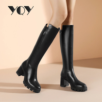 High heeled boots Womens 2021 new womens shoes winter black cowhide boots thick heel waterproof platform Knight high boots
