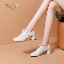 White womens single shoes high heels 2021 new round head leather shoes womens thick heel lace-up middle heel autumn womens shoes