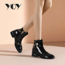 Mid-heel patent leather short boots female 2021 new autumn and winter black womens boots fashion round head boots female rough heel Martin boots