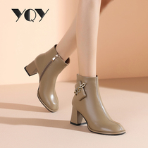 Milk tea color womens short boots autumn and winter 2021 New sheepskin high heels womens boots Joker thick heels plus velvet boots women