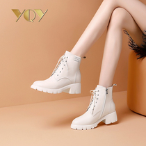 Thick-soled Martin boots female English style womens shoes 2021 new autumn and winter white womens boots leather thick heel short boots women