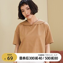  omont egg tart home retro college style loose casual short navy collar short-sleeved striped t-shirt womens summer