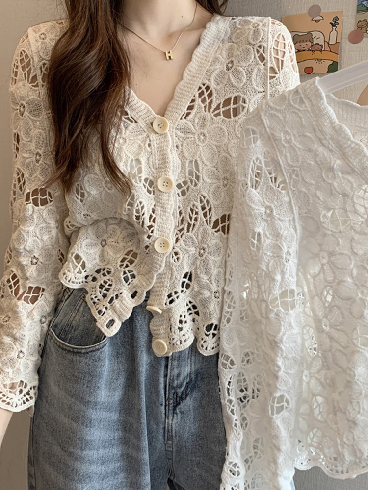 SANDRO MOCOLONI Hollowed-out Knit Cardio-knitted Cardiovert Blouse Jacket for the Shoulder Spring Summer Sunscreen Hood Small Jacket 