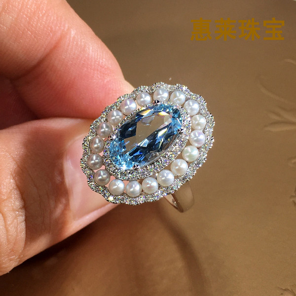 Whilee Jewelry Natural Oval Sea Blue Treasure Pearl Enclosure Insert Ring 18K Gold Diamond Round Inlaid Egg-shaped Ring Woman