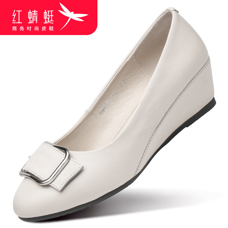 Red Dragonfly Slopes Heel Women Shoes Soft Leather Soft Bottom Single Shoes 2022 New Genuine Leather Shoes Women 100 Hitch Black Working Shoes