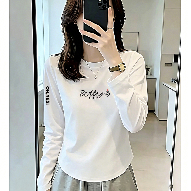 Cotton Long-Sleeved T-Shirt for Women, New Autumn Style, Suitable for Single Wear, Korean-Style Top with Curved Hem Base Layer Underneath Cotton Long-Sleeved T-Shirt for Women, New Autumn Style, Suitable for Single Wear, Korean-Style Top with Curved Hem Base Layer Underneath
