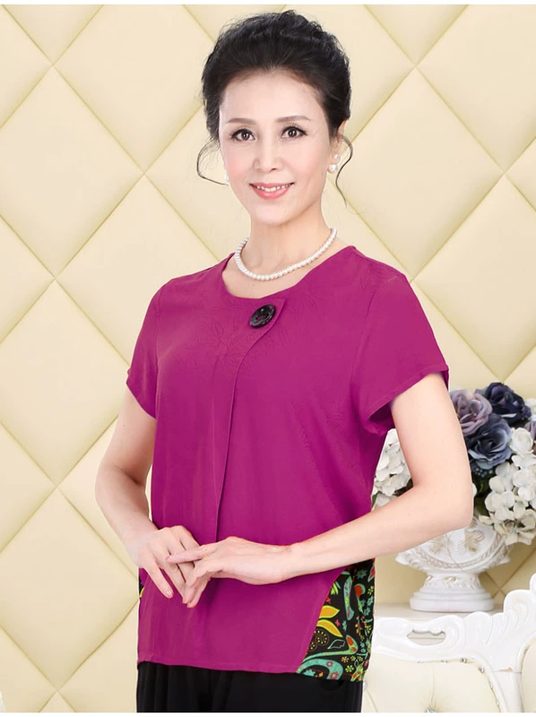 Phụ nữ trung niên và cao tuổi Áo thun ngắn tay cotton chất béo Mẹ 50-60 tuổi Quần áo cotton 70 bà ngoại mùa hè - Phụ nữ cao cấp