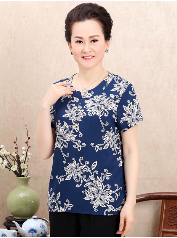 Áo phông ngắn tay cho phụ nữ trung niên và cao tuổi, cotton mỏng, bà mẹ giản dị, quần áo mùa hè, bà ngoại 60-70 tuổi, quần áo cotton - Quần áo của mẹ