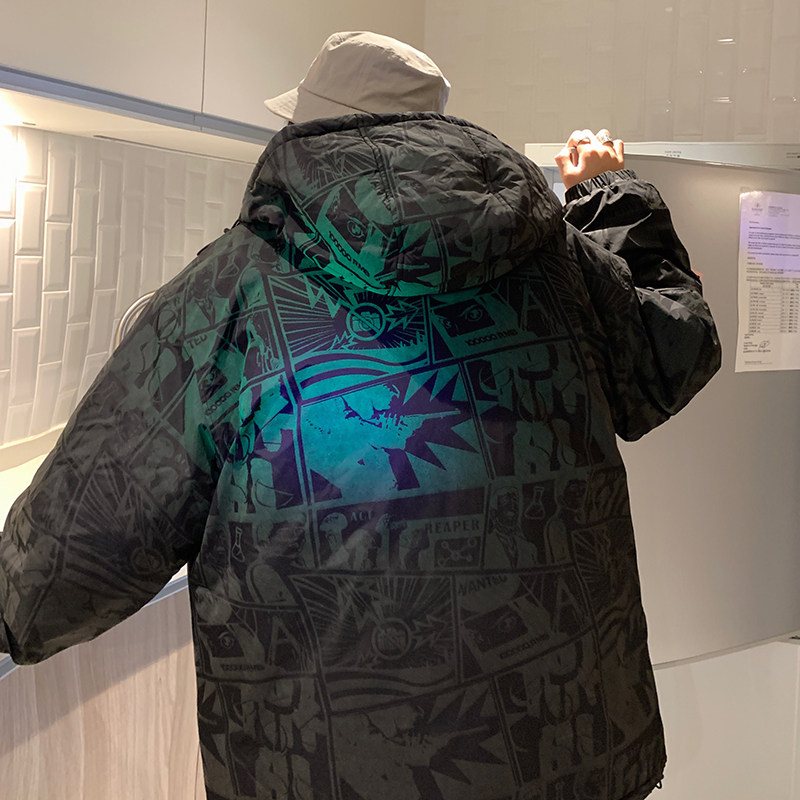 夜光满印连帽棉服外套男士冬季设计感美式潮牌加厚保暖情侣款棉衣 4