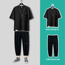 Summer mens casual suit 2020 new Korean fashion fashion brand short sleeve T-shirt I pants with a set of clothes