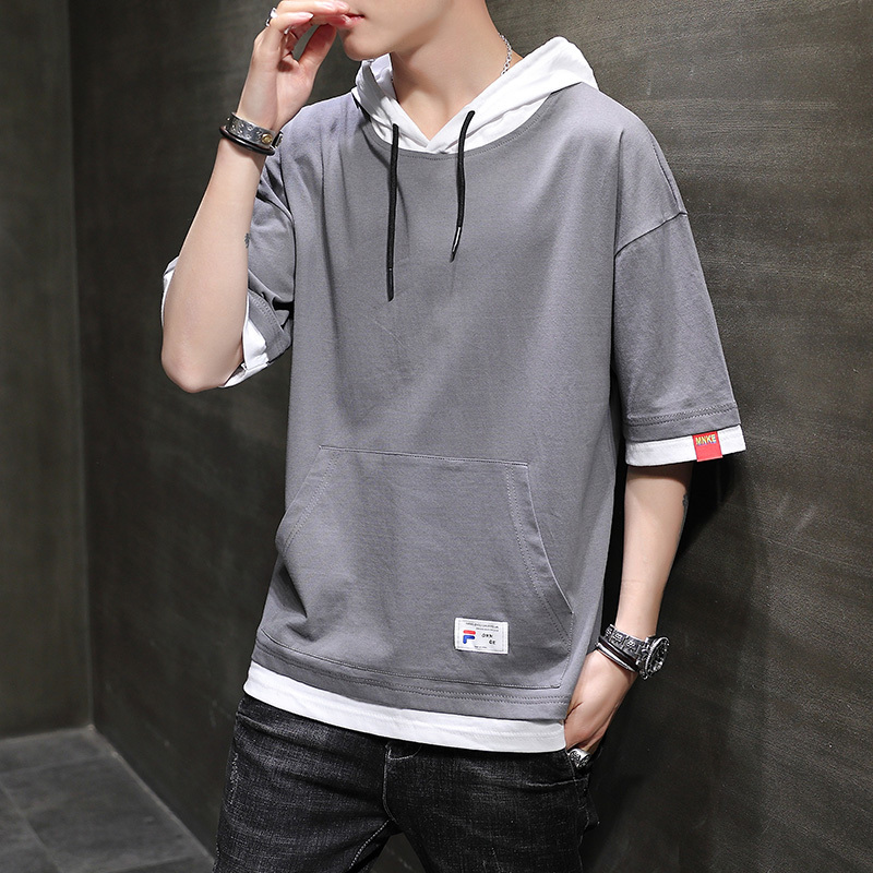 Men's Summer Short-Sleeve Cotton T-Shirt with a Fake Two-Piece Hooded Design, Trendy Ice Silk Base Shirt Top