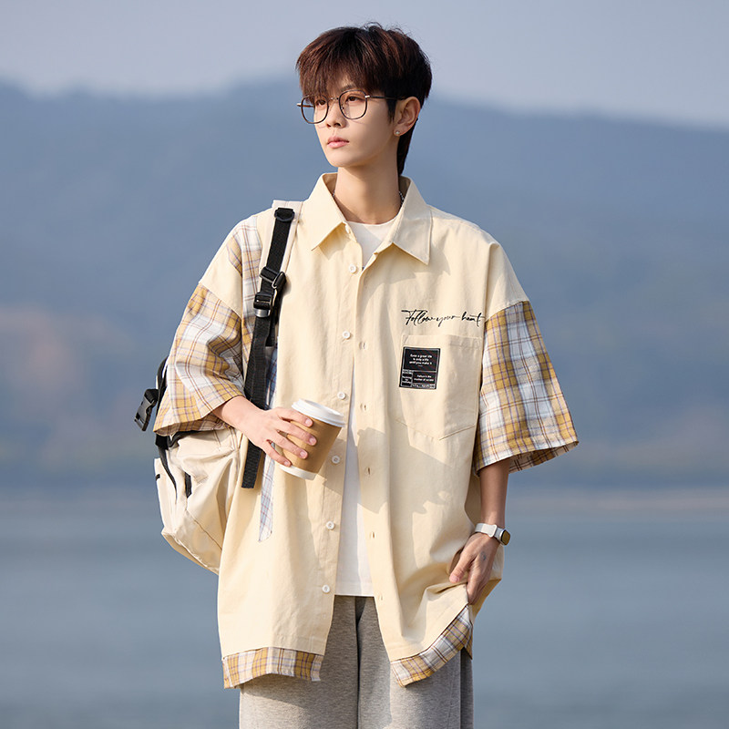 日系复古格纹短袖衬衫男士夏季拼接撞色纯棉半袖上衣薄款翻领衬衣