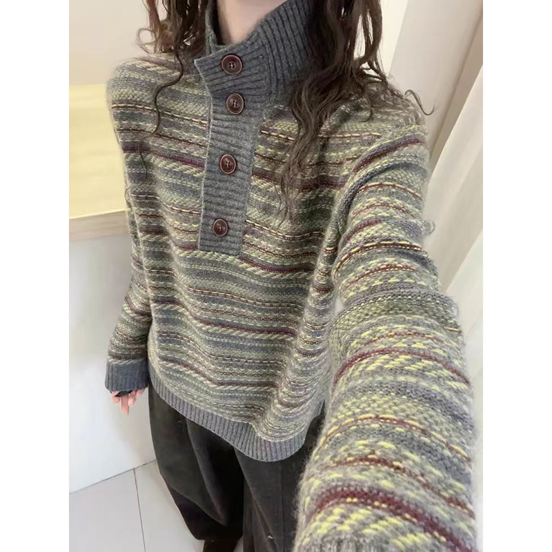 European Goods | 2026 Winter High-Neck Retro Striped Thickened 100% Pure Wool Sweater for Women, Autumn and Winter Soft Cashmere Sweater.