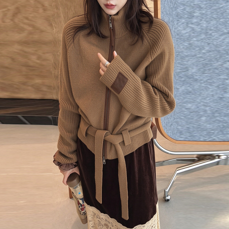 European Style/High-Neck Belted Zipper Cardigan for Women, Pure Wool Sweater, Autumn and Winter High-End Cashmere Knit Thick Sweater Coat