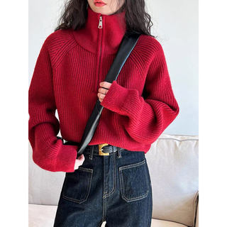 High-Neck Half-Zip 100% Pure Cashmere Sweater for Women, European High-End, New Year Red, Zodiac Year, Short Style, Thickened Sweater