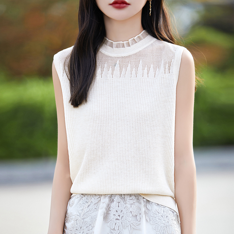 Lace Ruffle Collar Knitted Vest for Women 2026 Summer New Fine Wool Sleeveless Thin Base Shirt for Outerwear