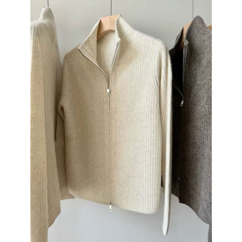 2026 Autumn Zipper Knit Cardigan for Women 100% Pure Wool Sweater European High-End Cashmere Stand Collar Sweater Coat 2026 Autumn Zipper Knit Cardigan for Women 100% Pure Wool Sweater European High-End Cashmere Stand Collar Sweater Coat