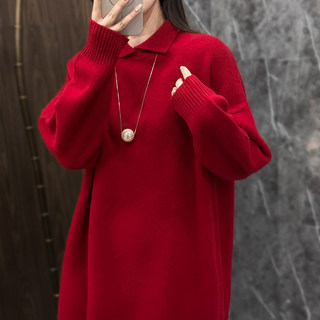 Red 100% Pure Cashmere Sweater for Women, Mid-Length, Thick, Loose, Lazy Style, New Year's Oversized Sweater That Covers the Hips