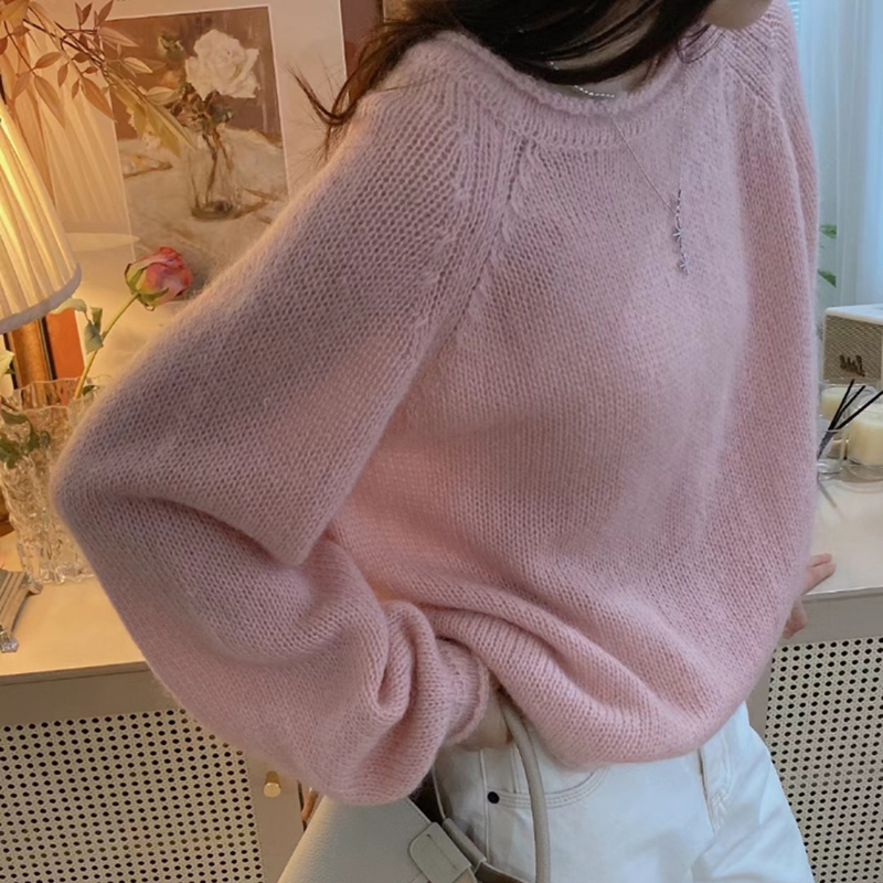 European High-End 100% Pure Cashmere Sweater for Women, Loose and Lazy Style, Autumn and Winter Pink Soft Knit Round Neck Base Sweater