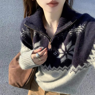 Fair Isle Jacquard Half-Zip 100% Pure Cashmere Sweater for Women, European Style, Thickened for Autumn and Winter, High-Neck, Soft and Cozy, Color-Blocked Sweater