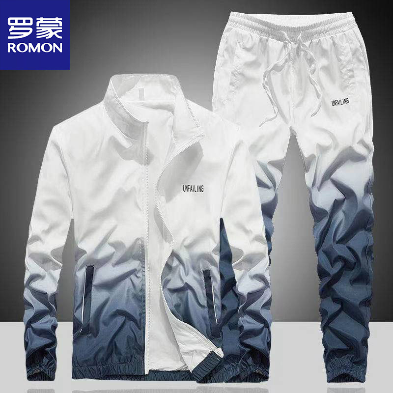 Romon Spring and Autumn Casual Suit for Men, Korean Style Trendy Gradient Stand Collar Jacket, Men's Stylish Sportswear with Fleece Lining