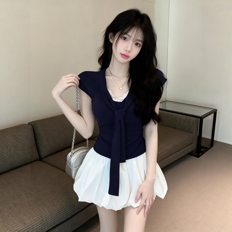 Hong Kong Style Navy Collar Tie-Up Short-Sleeved T-Shirt Top + Floral Skirt Two-Piece Set Pure Desire Student Casual Suit