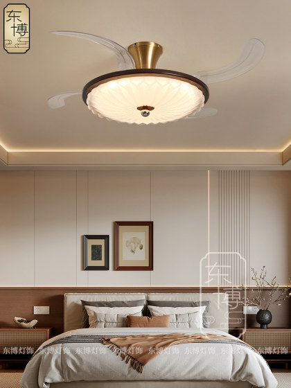 Used Fan Light for Dining Room, Bedroom, Room, New Chinese Style Solid Wood Walnut Color Fan Integrated Living Room Ceiling Fan Light