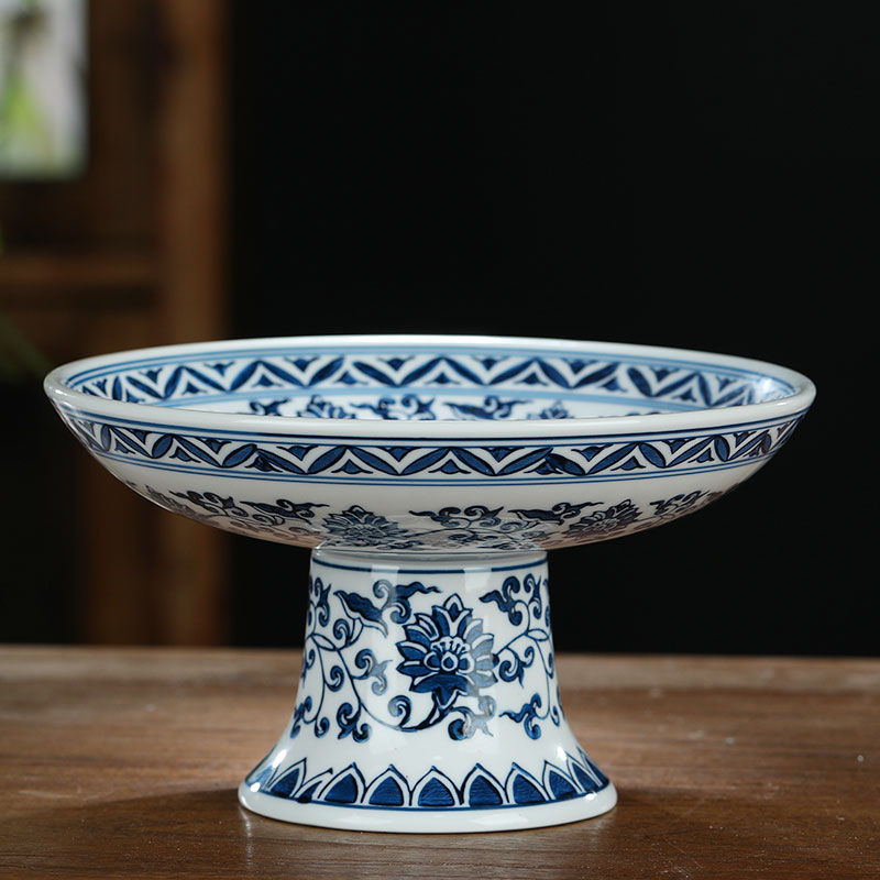Jingdezhen ceramic glaze color blue and white porcelain under high fruit bowl dessert plate creative home fruit basket of food for the plate