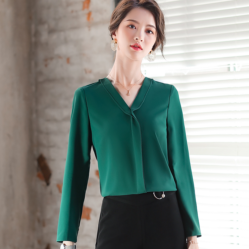 Hong Kong style shirt female V-neck autumn new long-sleeved professional dress temperament chiffon shirt beautician's work clothes