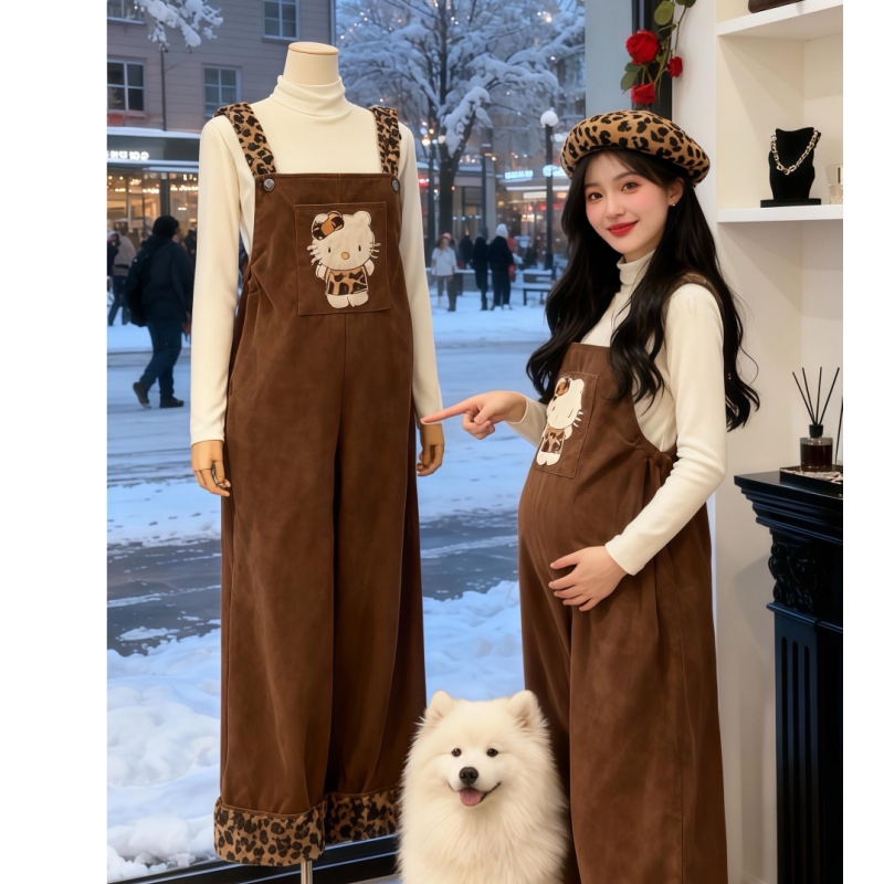 Fashionable Autumn and Winter Maternity Wear 2025 New Cute Fleece-Lined Thickened Overalls Paired with Solid Color Base Shirt Set