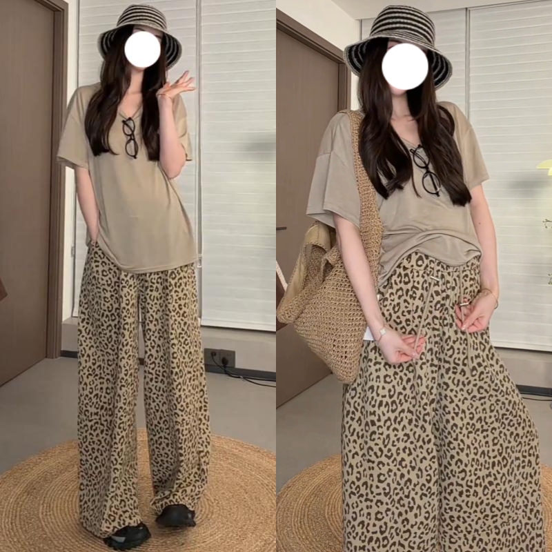 Summer Maternity Two-Piece Set New Fashion Lazy Style Plus-Size Slimming Top with Pig Nose Button Leopard Print Wide-Leg Pants 2026 Summer Maternity Two-Piece Set New Fashion Lazy Style Plus-Size Slimming Top with Pig Nose Button Leopard Print Wide-Leg Pants 2026