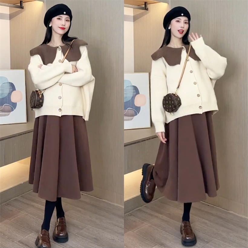 Pregnant woman autumn and winter suit Long sleeve doll collar sweater in the belly of a long section of a half body dress 2023 new fashion 100 hitch-Taobao